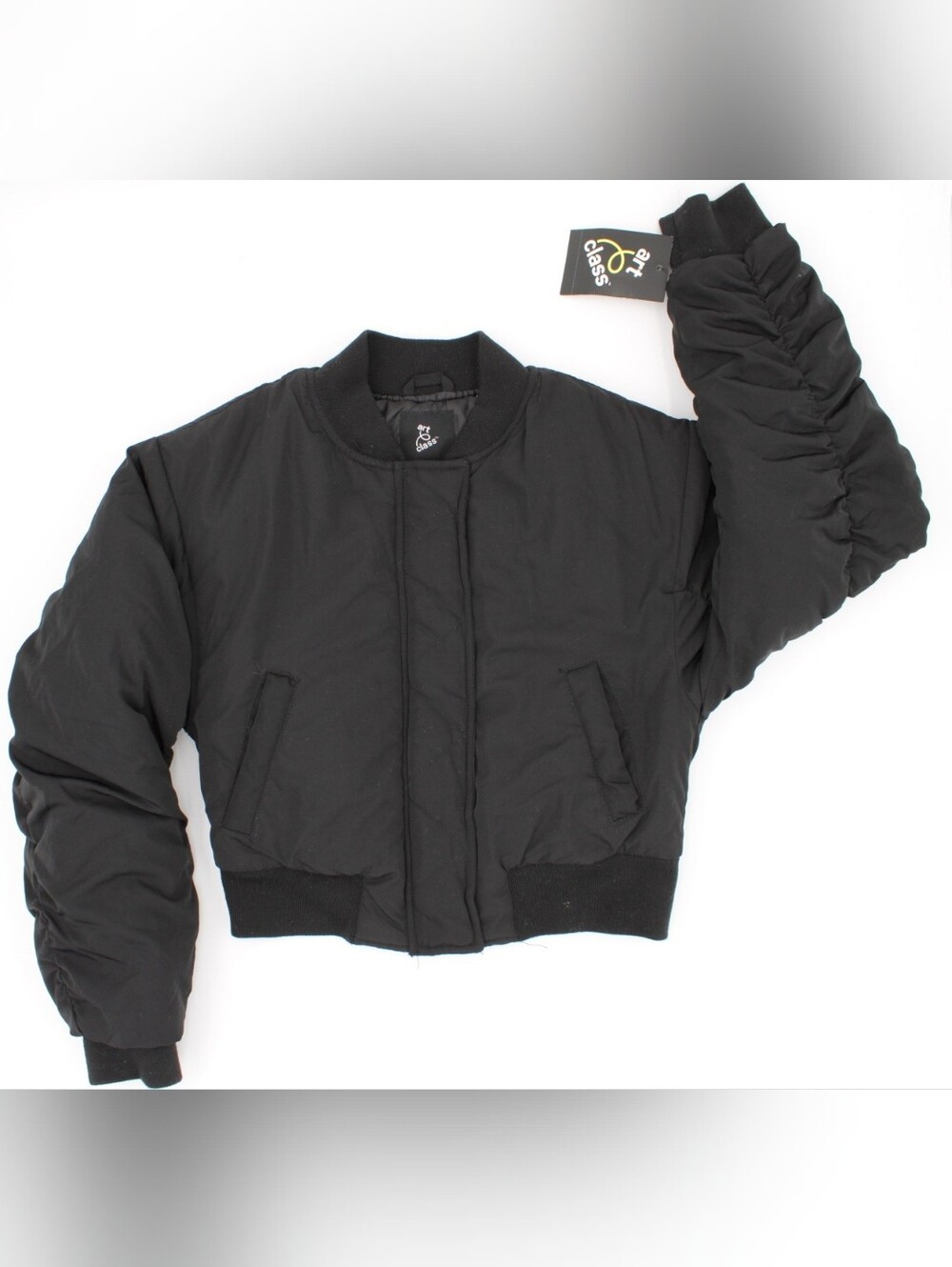 Art Class Girls Cropped Bomber Jacket Black Ruched Sleeves Size M (8) NWT